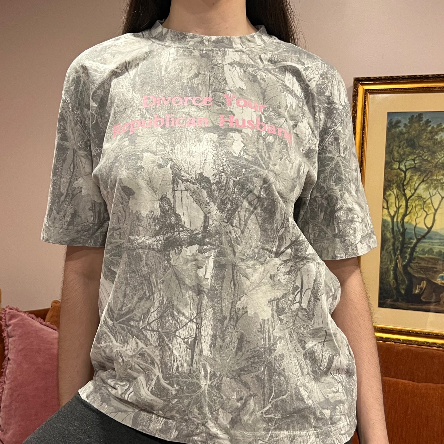 DIVORCE YOUR REPUBLICAN HUSBAND white camo t-shirt with pink text (M)