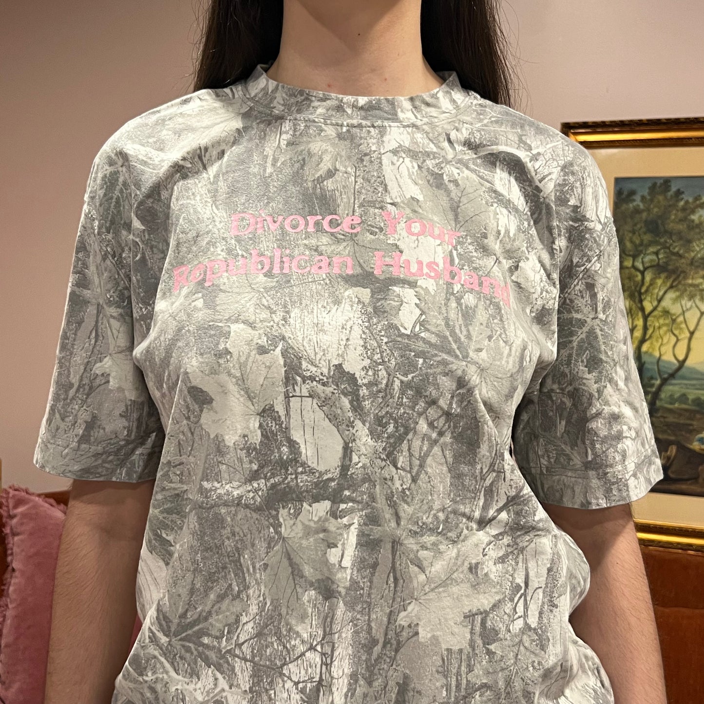 DIVORCE YOUR REPUBLICAN HUSBAND white camo t-shirt with pink text (M)