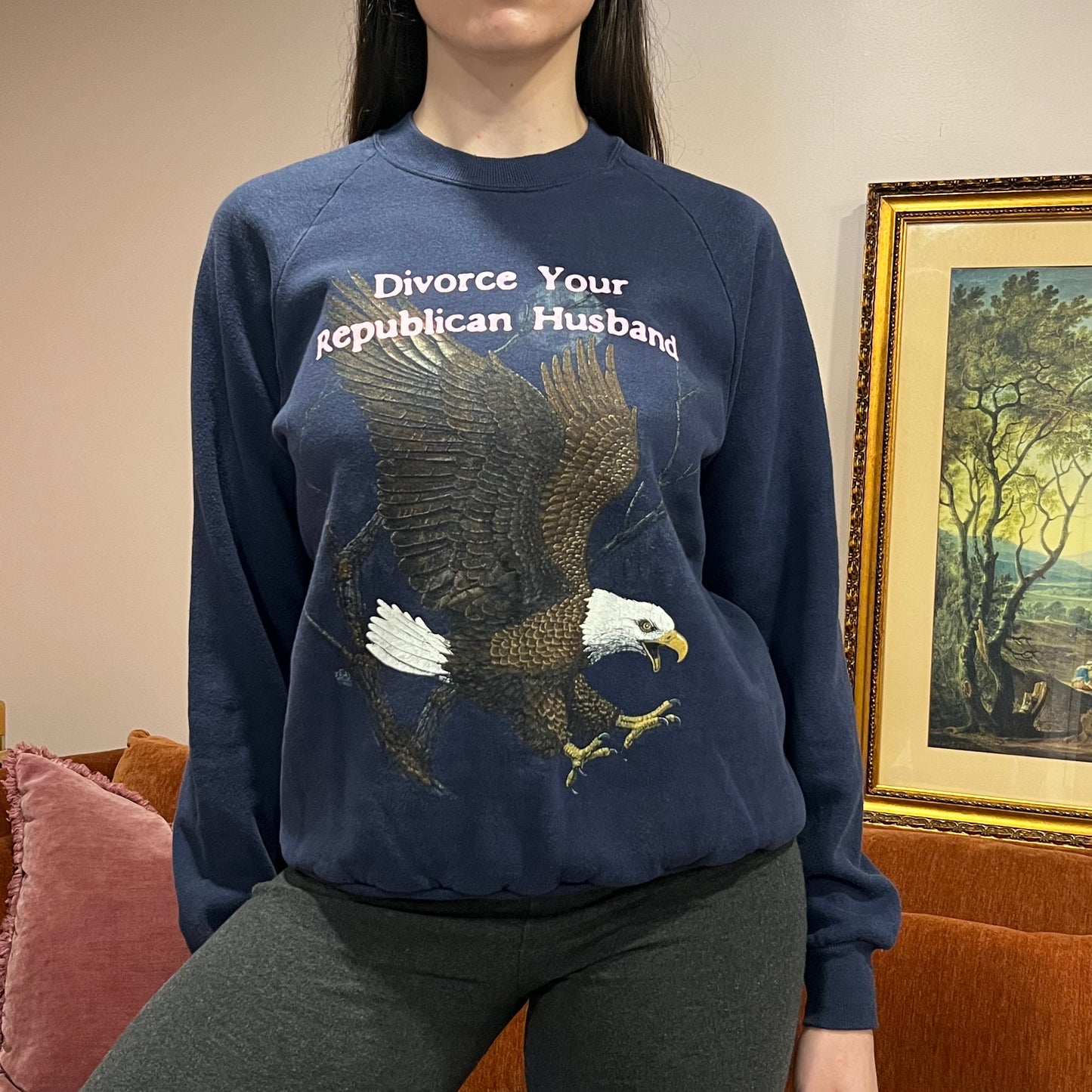 DIVORCE YOUR REPUBLICAN HUSBAND animal crewneck with pink text (L)