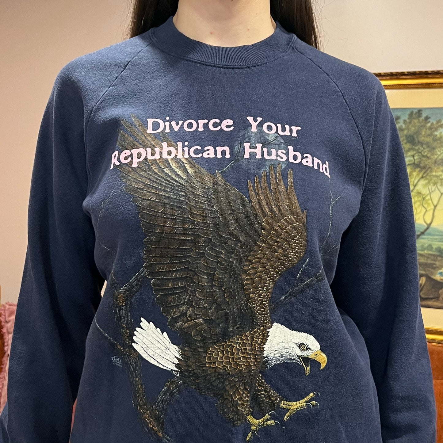 DIVORCE YOUR REPUBLICAN HUSBAND animal crewneck with pink text (L)