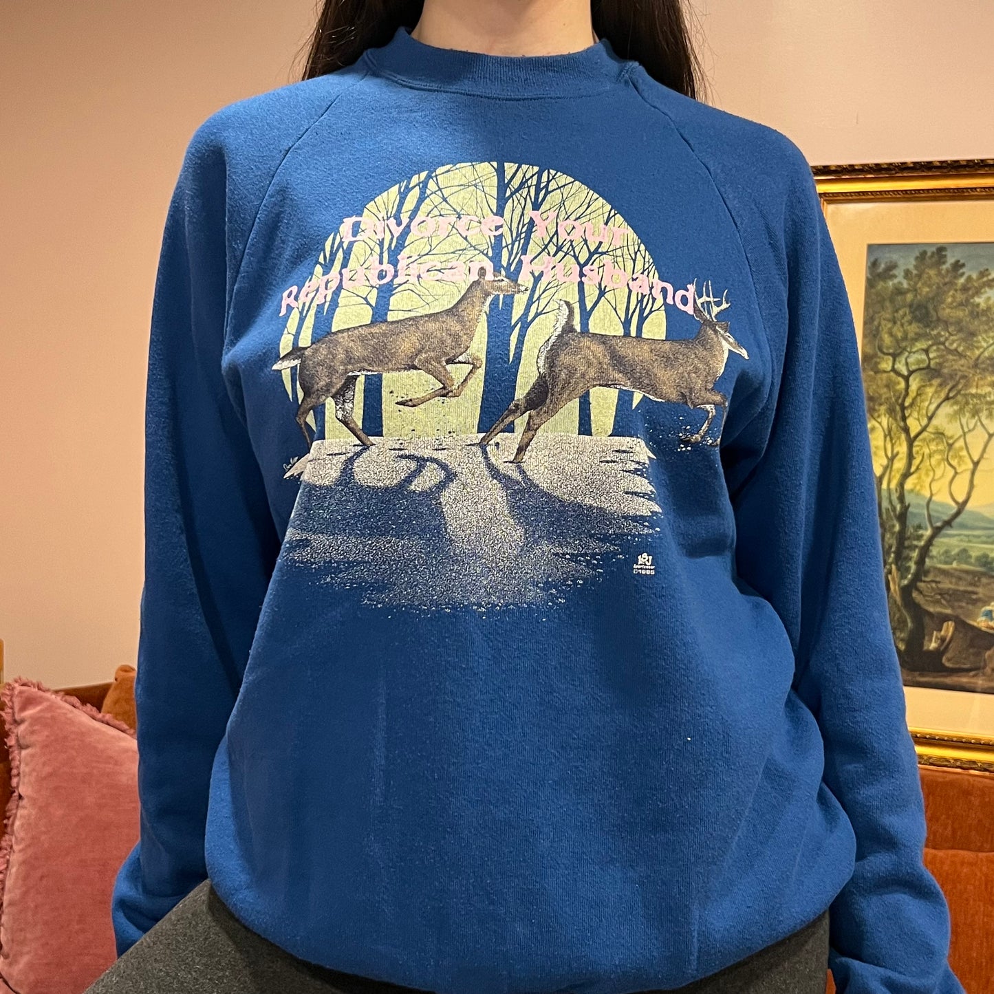 DIVORCE YOUR REPUBLICAN HUSBAND animal crewneck with pink text (XL)