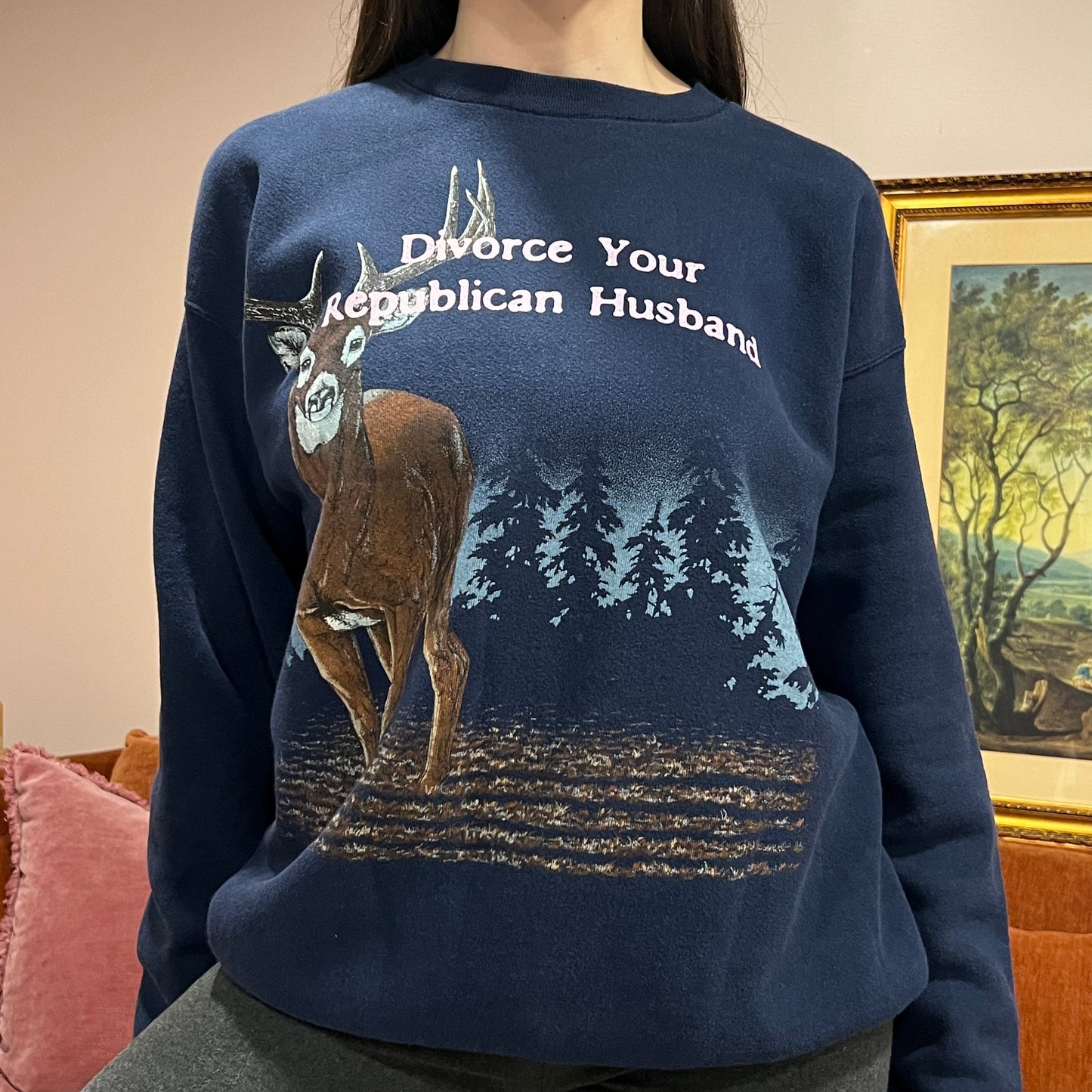 DIVORCE YOUR REPUBLICAN HUSBAND animal crewneck with pink text (L)