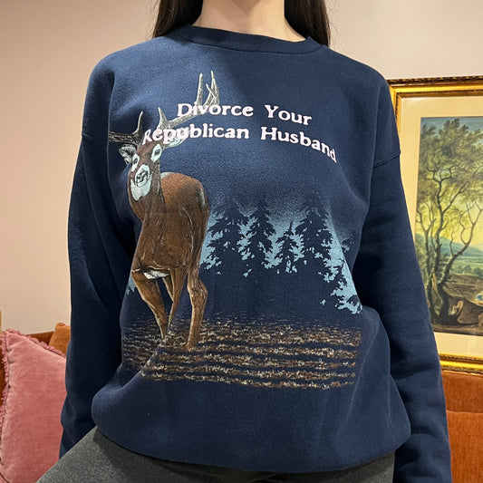 DIVORCE YOUR REPUBLICAN HUSBAND animal crewneck with pink text (L)