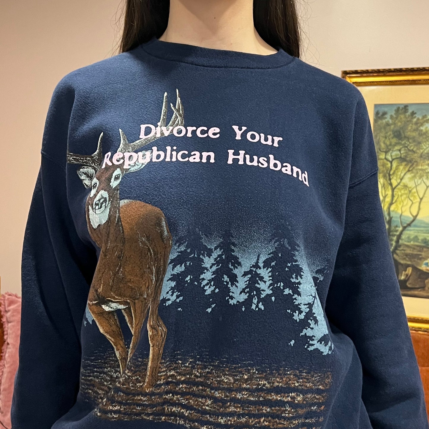 DIVORCE YOUR REPUBLICAN HUSBAND animal crewneck with pink text (L)
