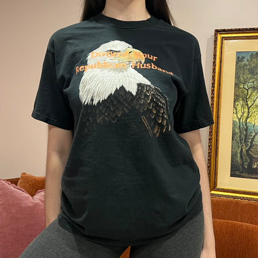 DIVORCE YOUR REPUBLICAN HUSBAND animal t-shirt with orange text (L)