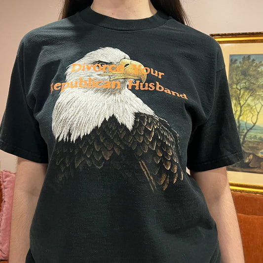 DIVORCE YOUR REPUBLICAN HUSBAND animal t-shirt with orange text (L)