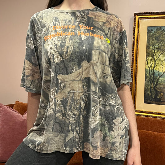 DIVORCE YOUR REPUBLICAN HUSBAND camo t-shirt with orange text (2XL)