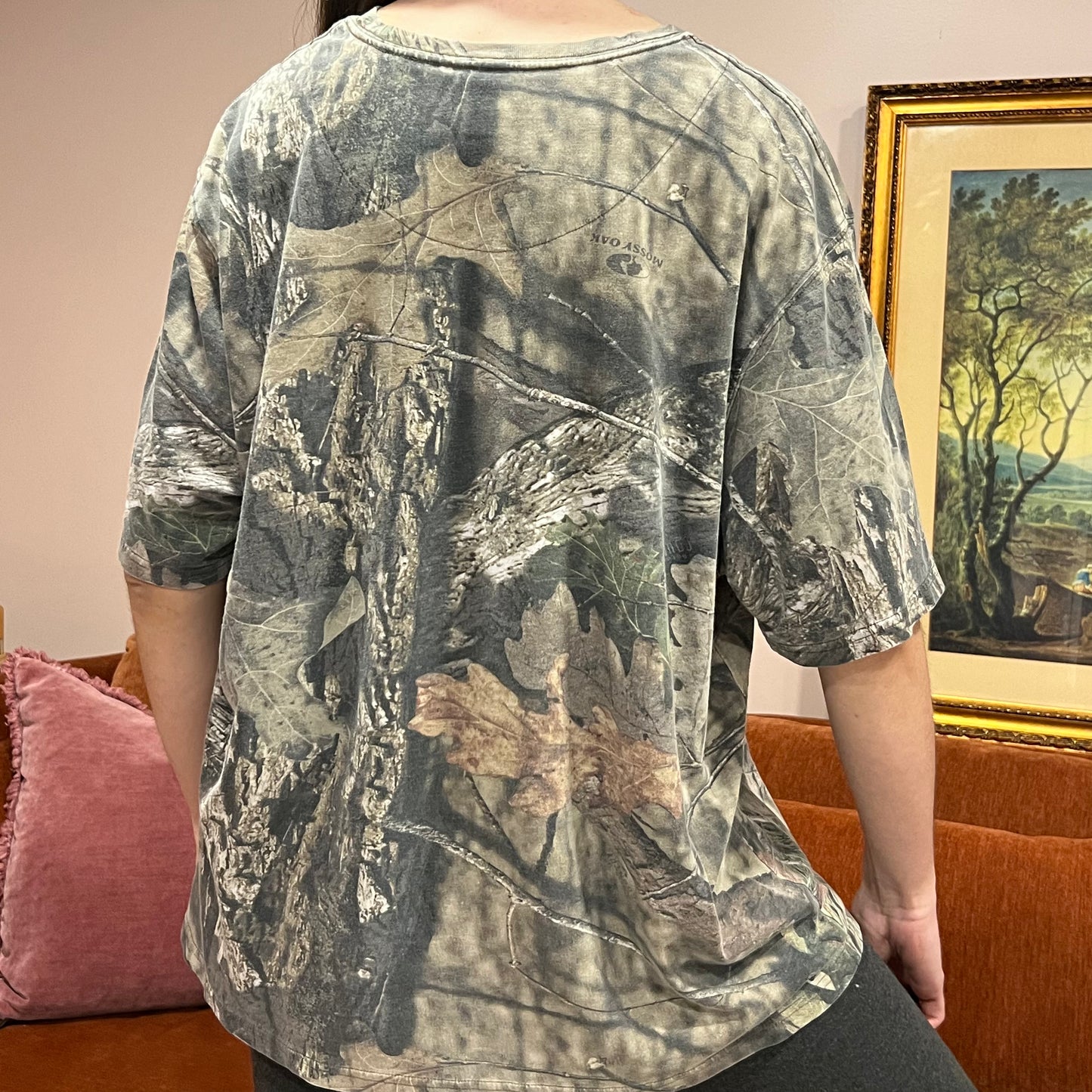 DIVORCE YOUR REPUBLICAN HUSBAND camo t-shirt with orange text (2XL)