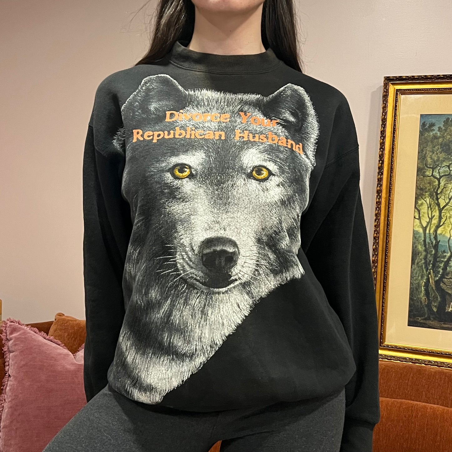DIVORCE YOUR REPUBLICAN HUSBAND animal crewneck with orange text (L)