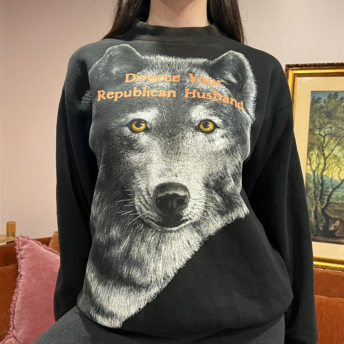 DIVORCE YOUR REPUBLICAN HUSBAND animal crewneck with orange text (L)
