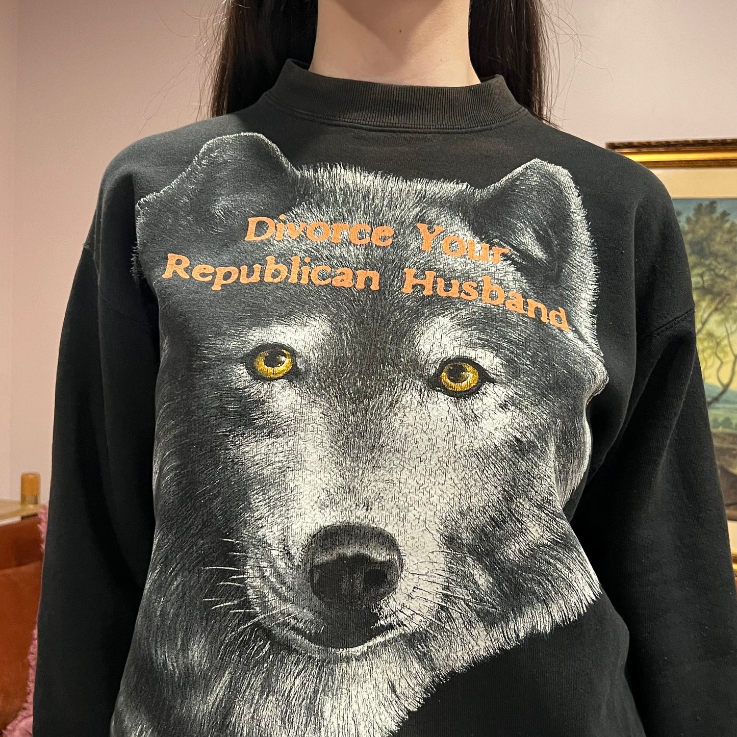 DIVORCE YOUR REPUBLICAN HUSBAND animal crewneck with orange text (L)