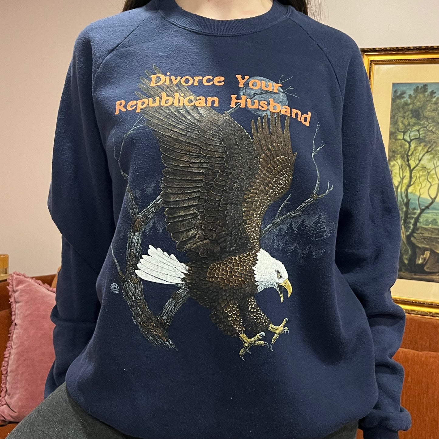 DIVORCE YOUR REPUBLICAN HUSBAND animal crewneck with orange text (2XL)