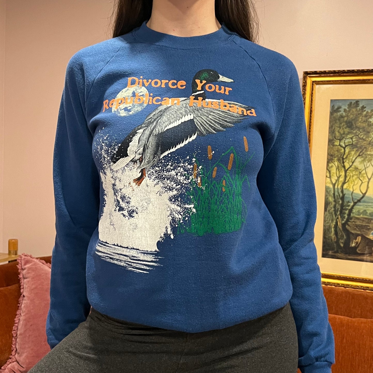 DIVORCE YOUR REPUBLICAN HUSBAND animal crewneck with orange text (M)