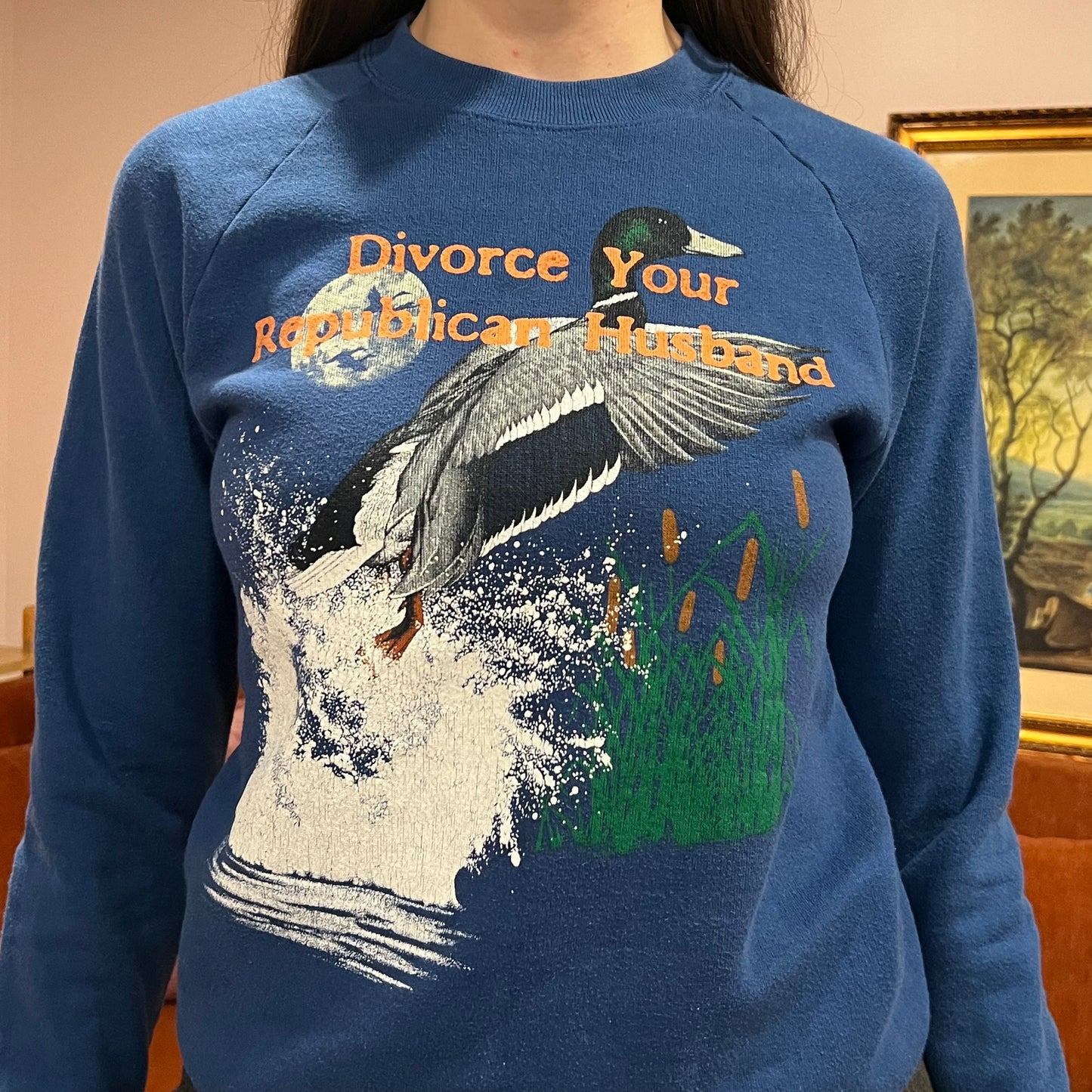 DIVORCE YOUR REPUBLICAN HUSBAND animal crewneck with orange text (M)