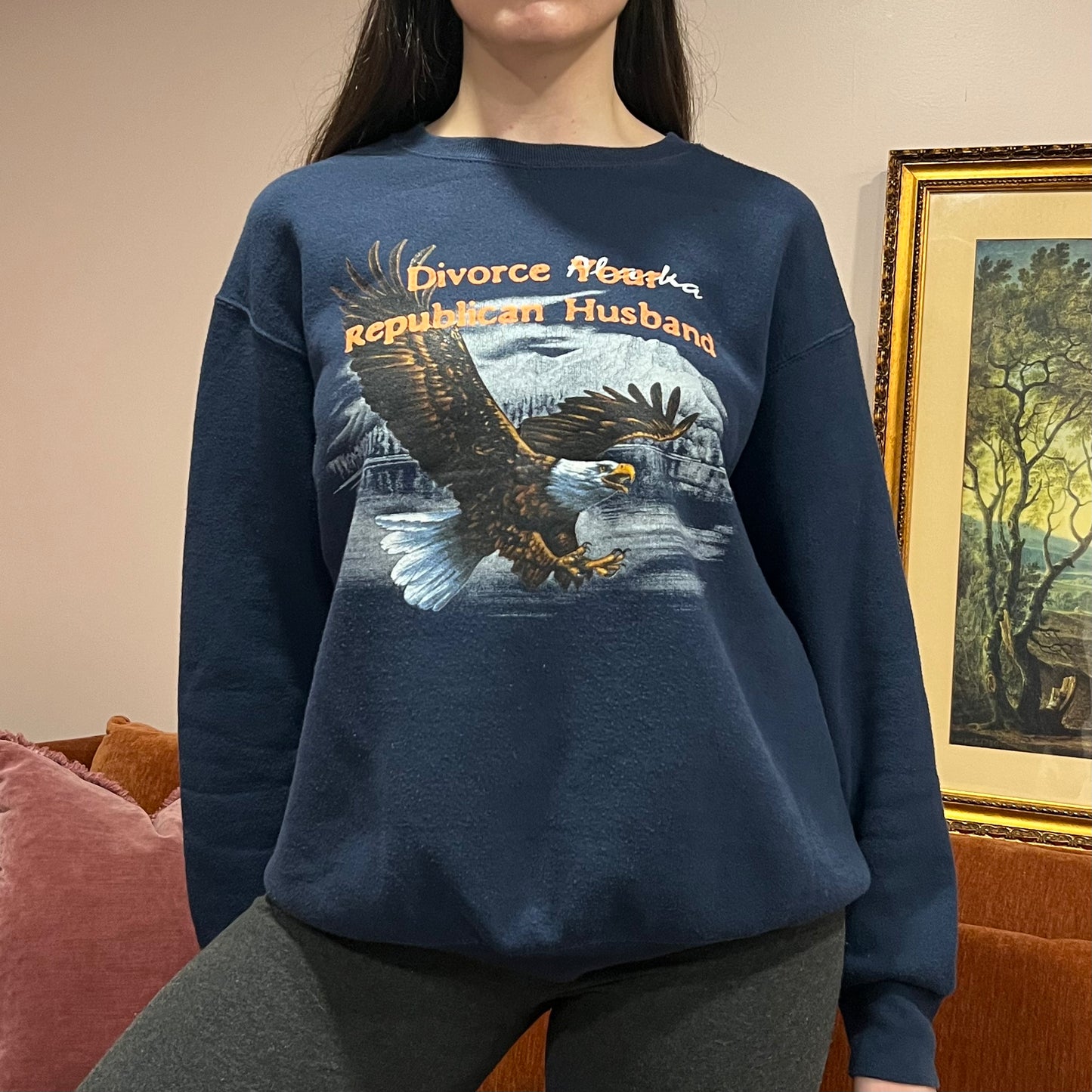 DIVORCE YOUR REPUBLICAN HUSBAND animal crewneck with orange text (L)