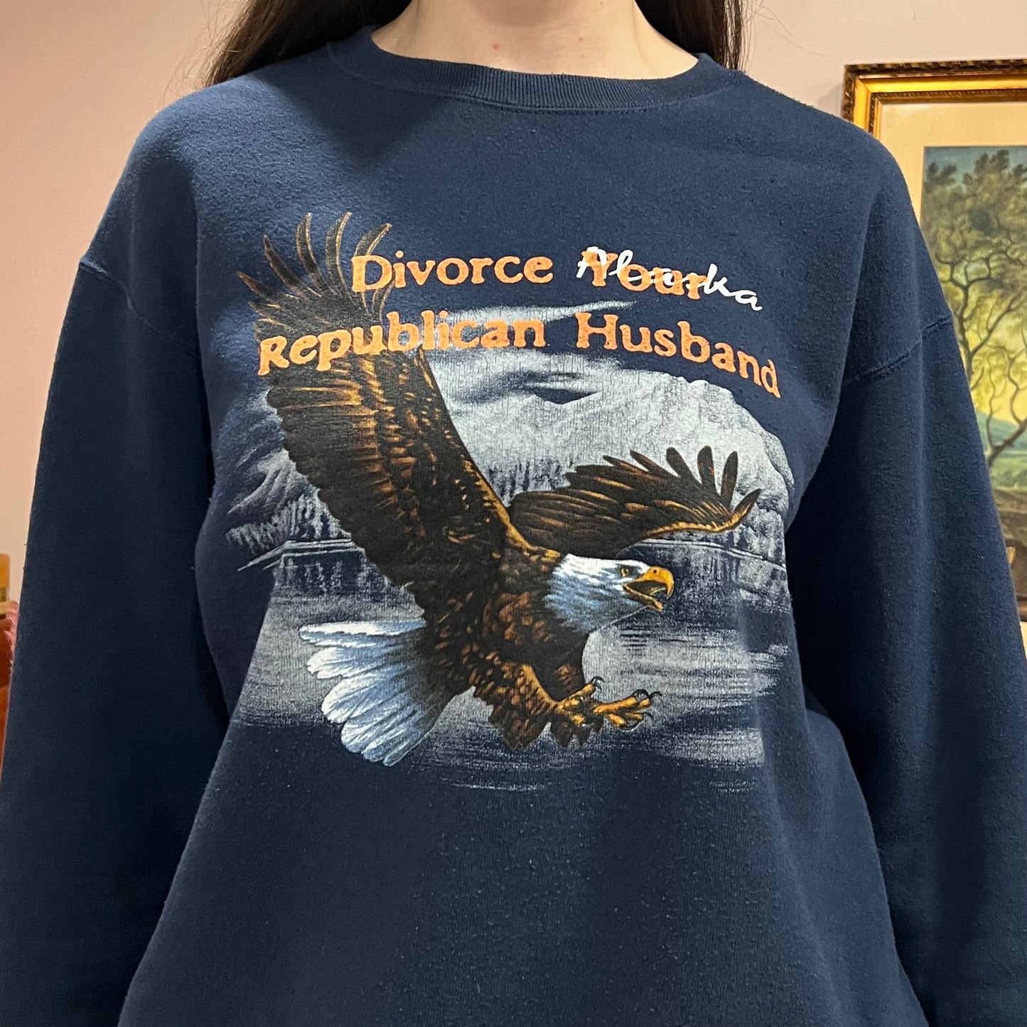 DIVORCE YOUR REPUBLICAN HUSBAND animal crewneck with orange text (L)