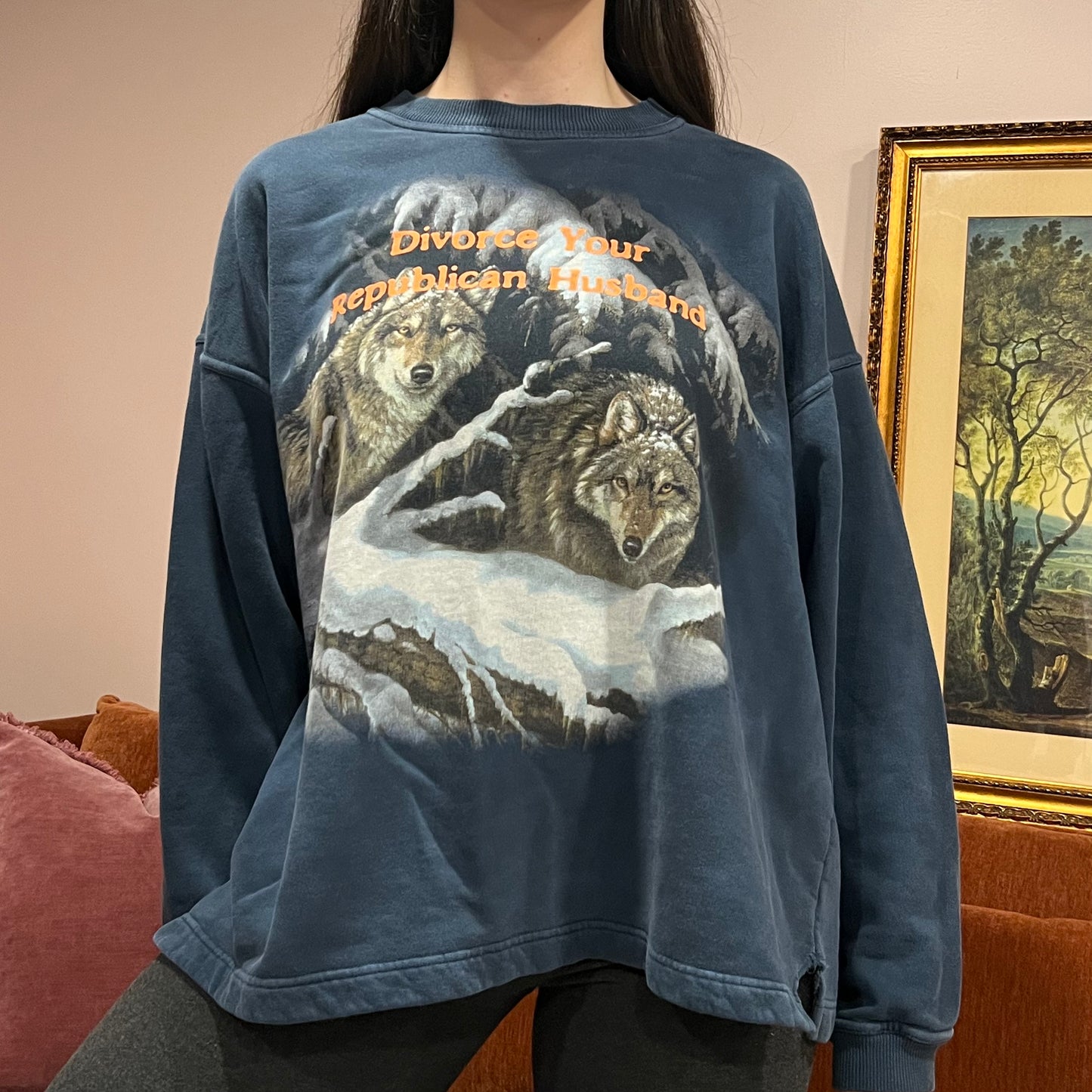 DIVORCE YOUR REPUBLICAN HUSBAND animal crewneck with orange text (XL)