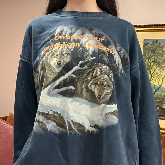 DIVORCE YOUR REPUBLICAN HUSBAND animal crewneck with orange text (XL)
