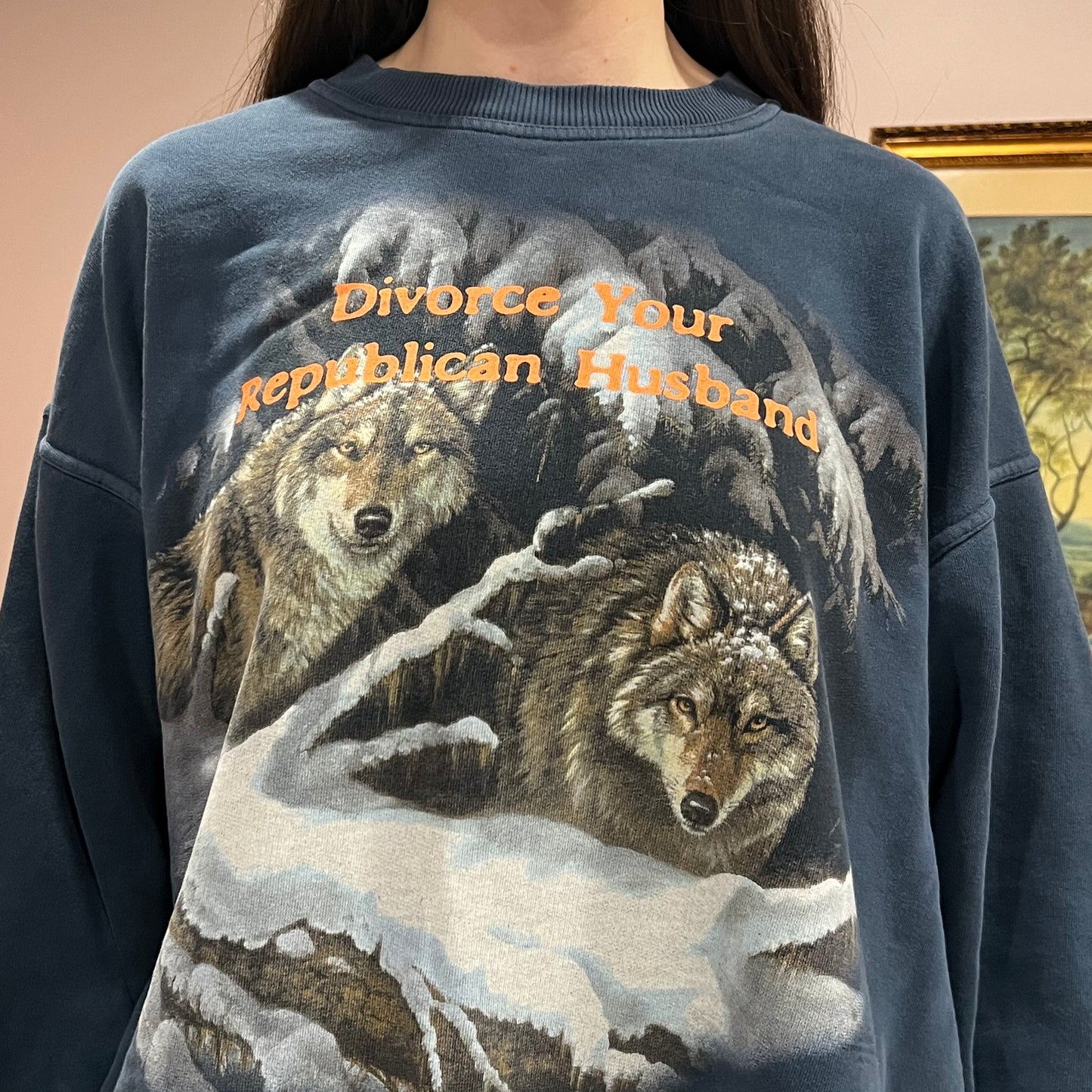 DIVORCE YOUR REPUBLICAN HUSBAND animal crewneck with orange text (XL)