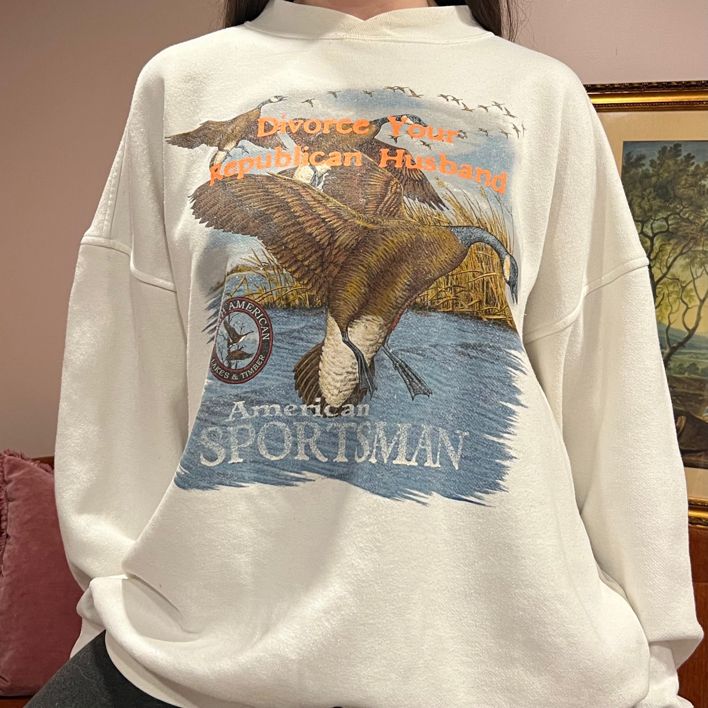 DIVORCE YOUR REPUBLICAN HUSBAND animal crewneck with orange text (XL)