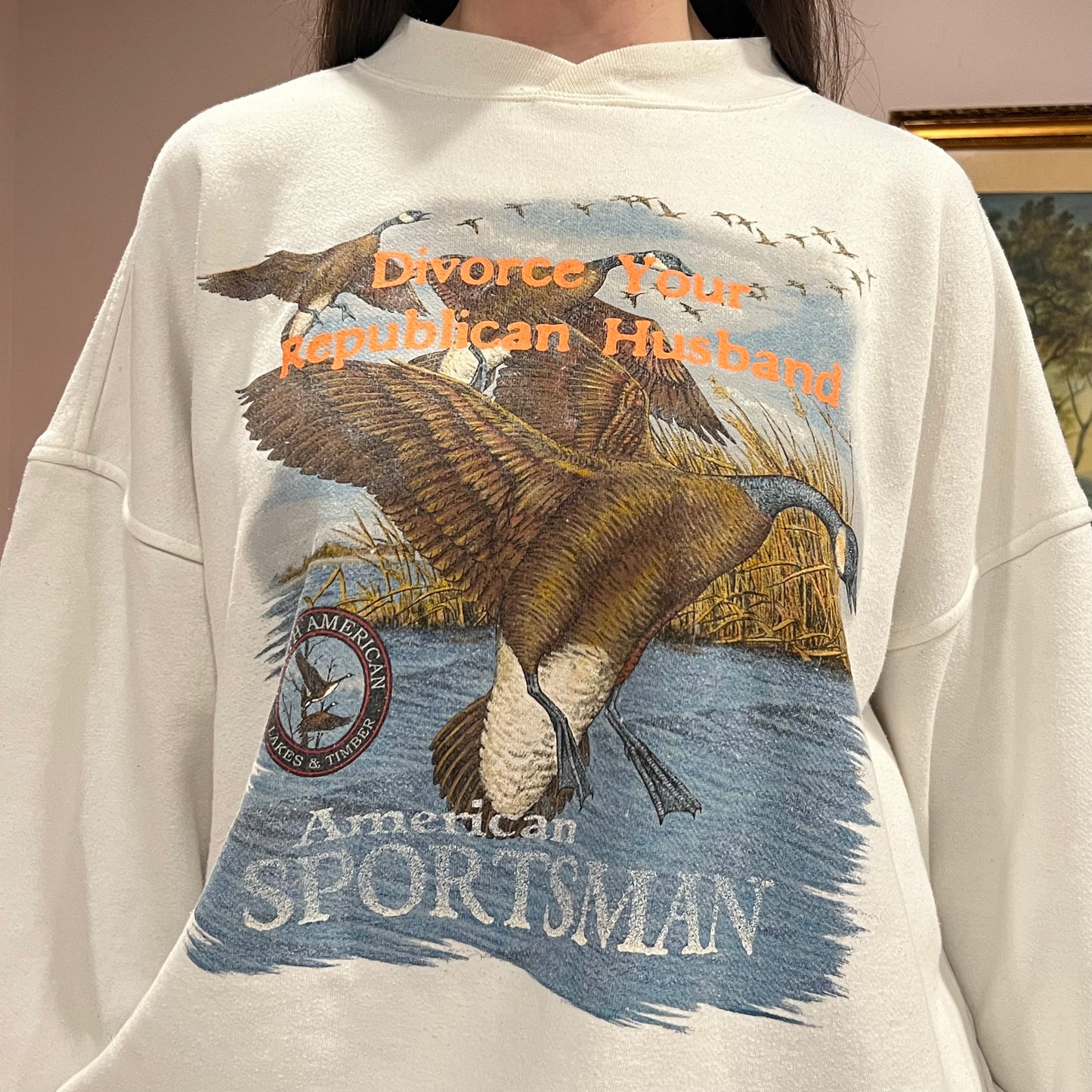 DIVORCE YOUR REPUBLICAN HUSBAND animal crewneck with orange text (XL)