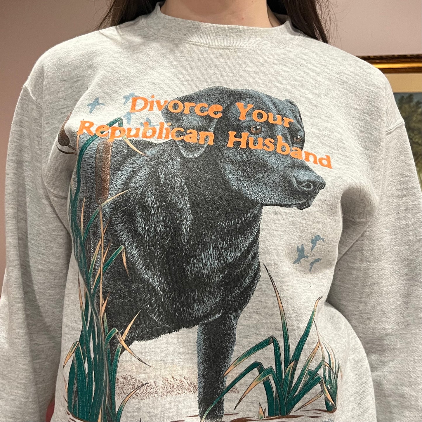 DIVORCE YOUR REPUBLICAN HUSBAND animal crewneck with orange text (M)