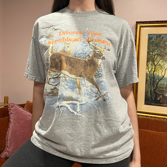 DIVORCE YOUR REPUBLICAN HUSBAND animal t-shirt with orange text (XL)