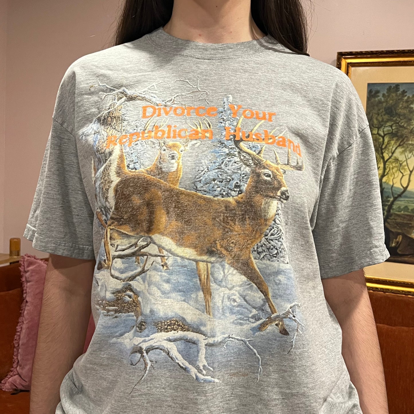 DIVORCE YOUR REPUBLICAN HUSBAND animal t-shirt with orange text (XL)