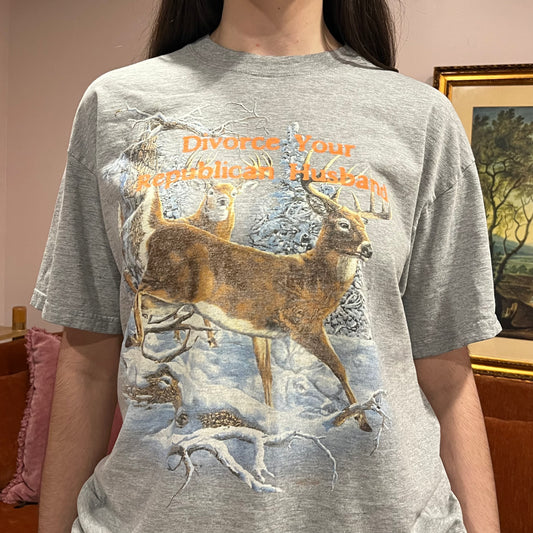 DIVORCE YOUR REPUBLICAN HUSBAND animal t-shirt with orange text (XL)