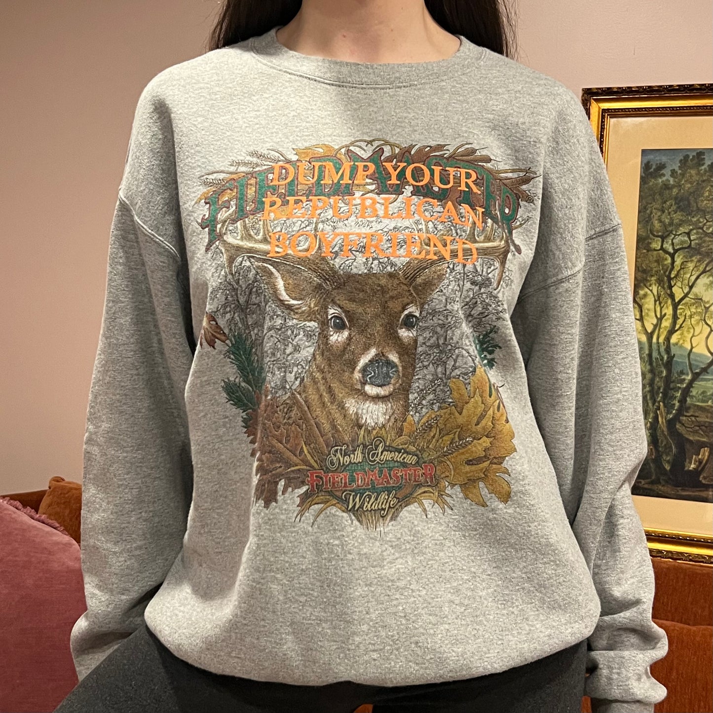 DUMP YOUR REPUBLICAN BOYFRIEND animal crewneck with orange text (L)