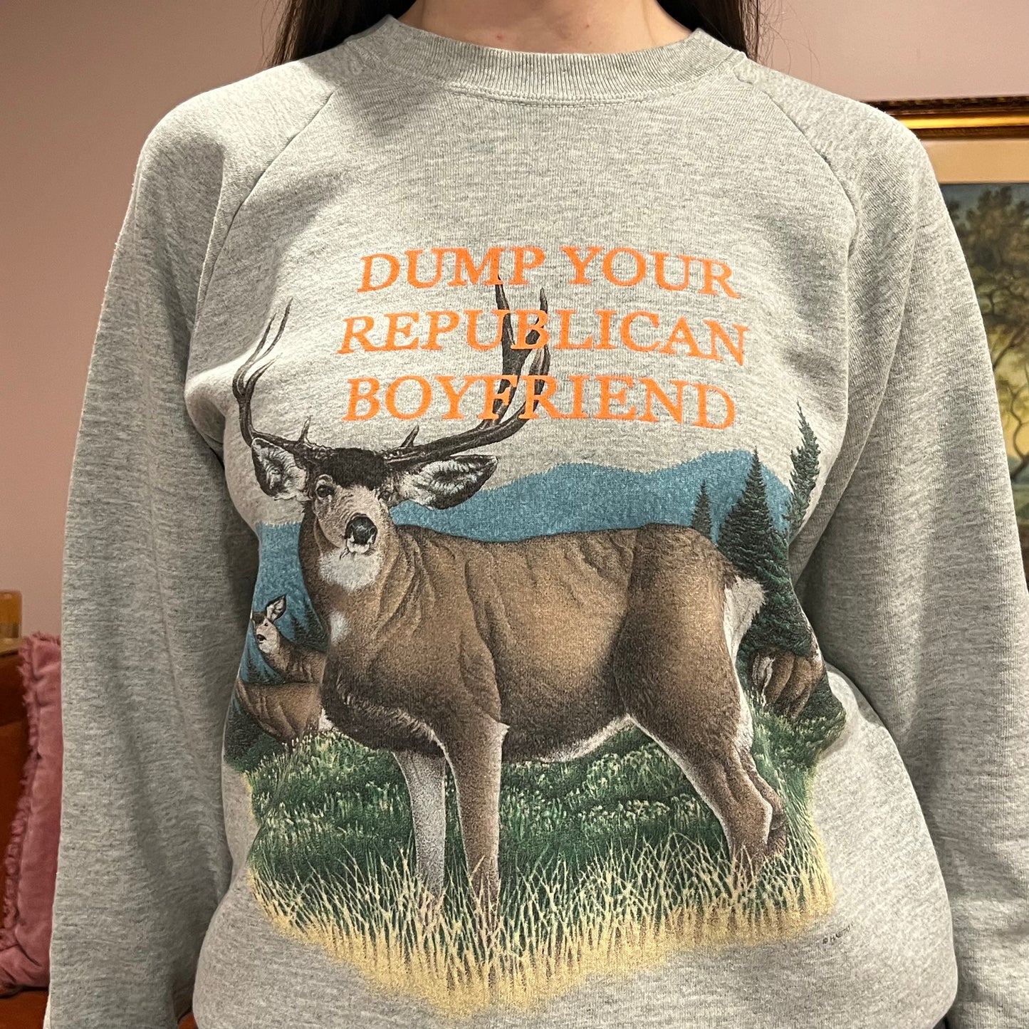 DUMP YOUR REPUBLICAN BOYFRIEND animal crewneck with orange text (L)