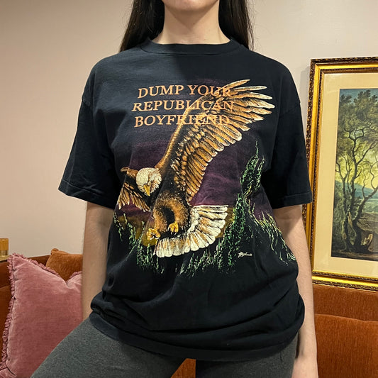 DUMP YOUR REPUBLICAN BOYFRIEND animal t-shirt with orange text (L)