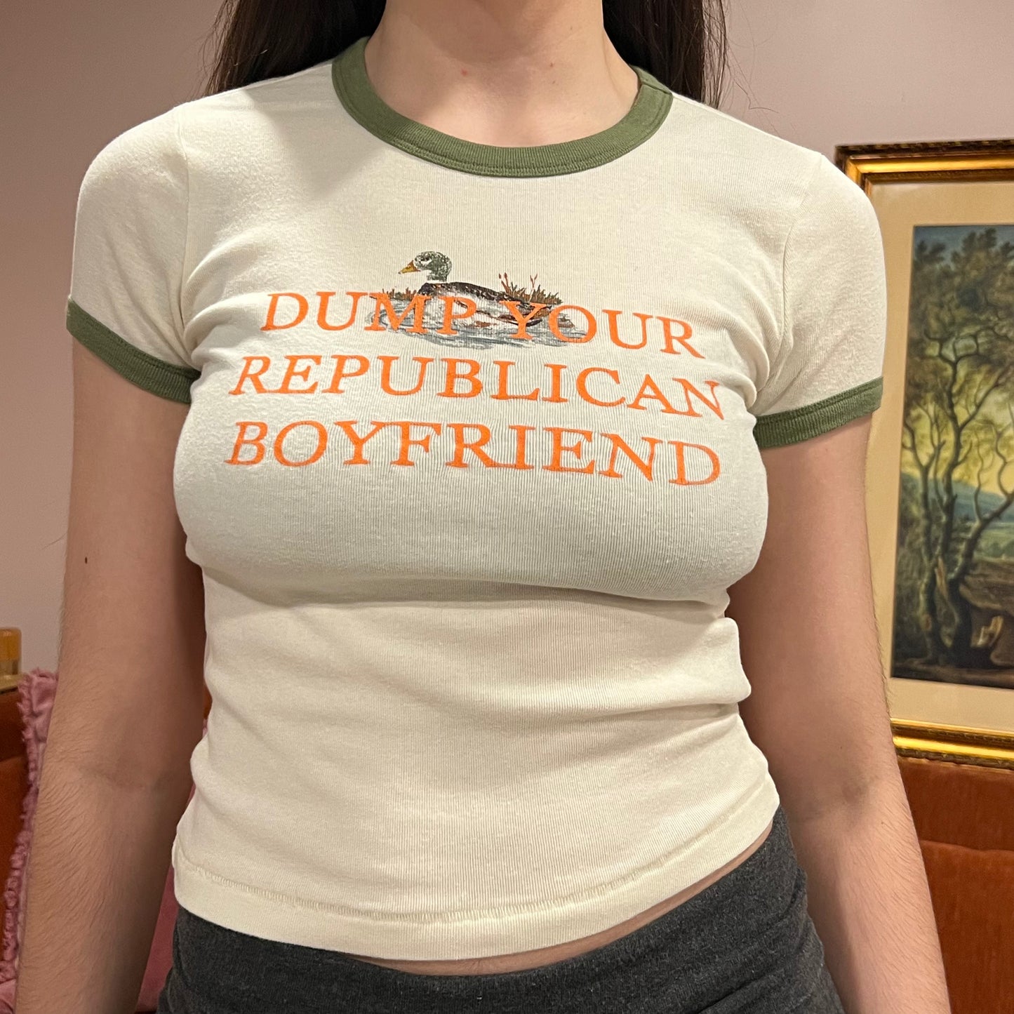 DUMP YOUR REPUBLICAN BOYFRIEND animal t-shirt with orange text (M)