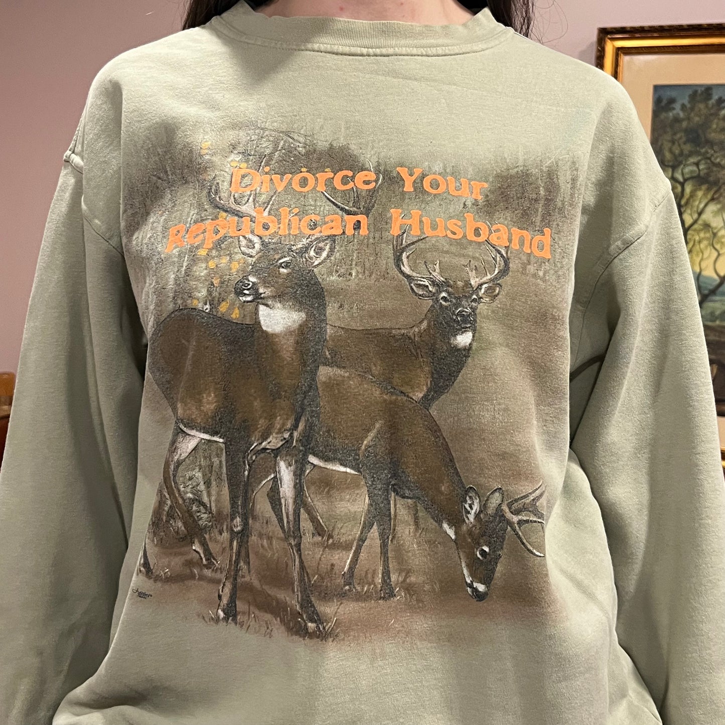 DIVORCE YOUR REPUBLICAN HUSBAND animal crewneck with orange text (XL)
