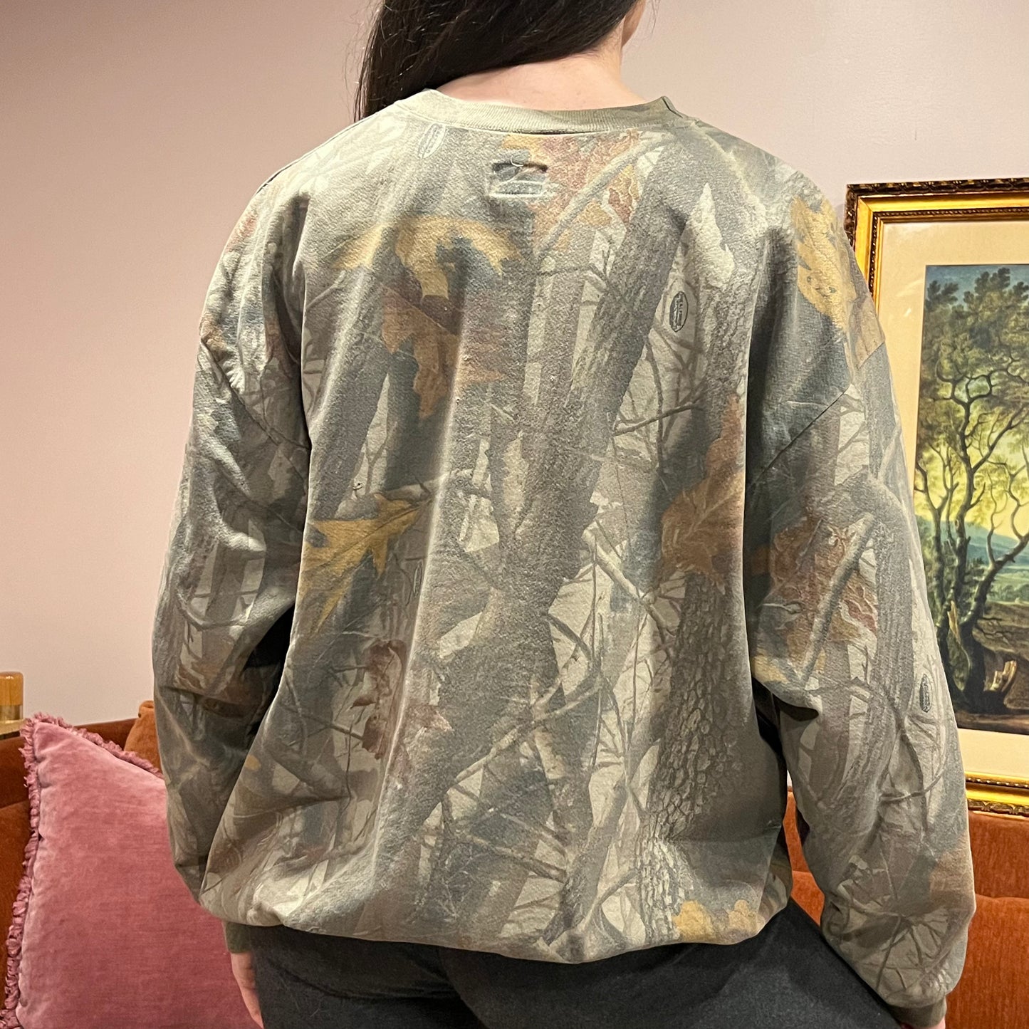 DIVORCE YOUR REPUBLICAN HUSBAND camo crewneck with orange text (2XL)