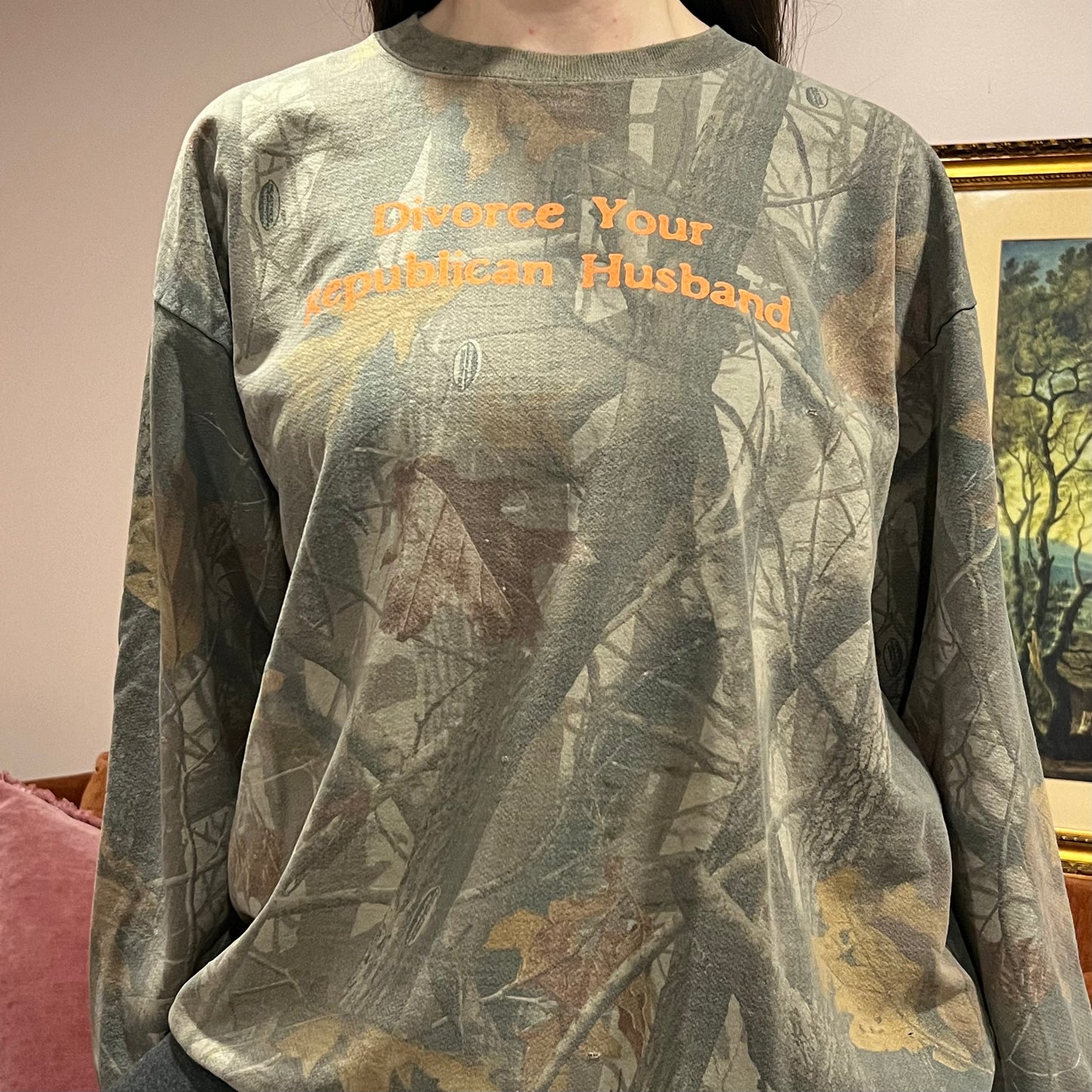 DIVORCE YOUR REPUBLICAN HUSBAND camo crewneck with orange text (2XL)