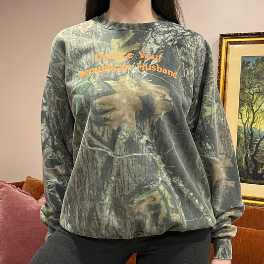 DIVORCE YOUR REPUBLICAN HUSBAND camo crewneck with orange text (XL)