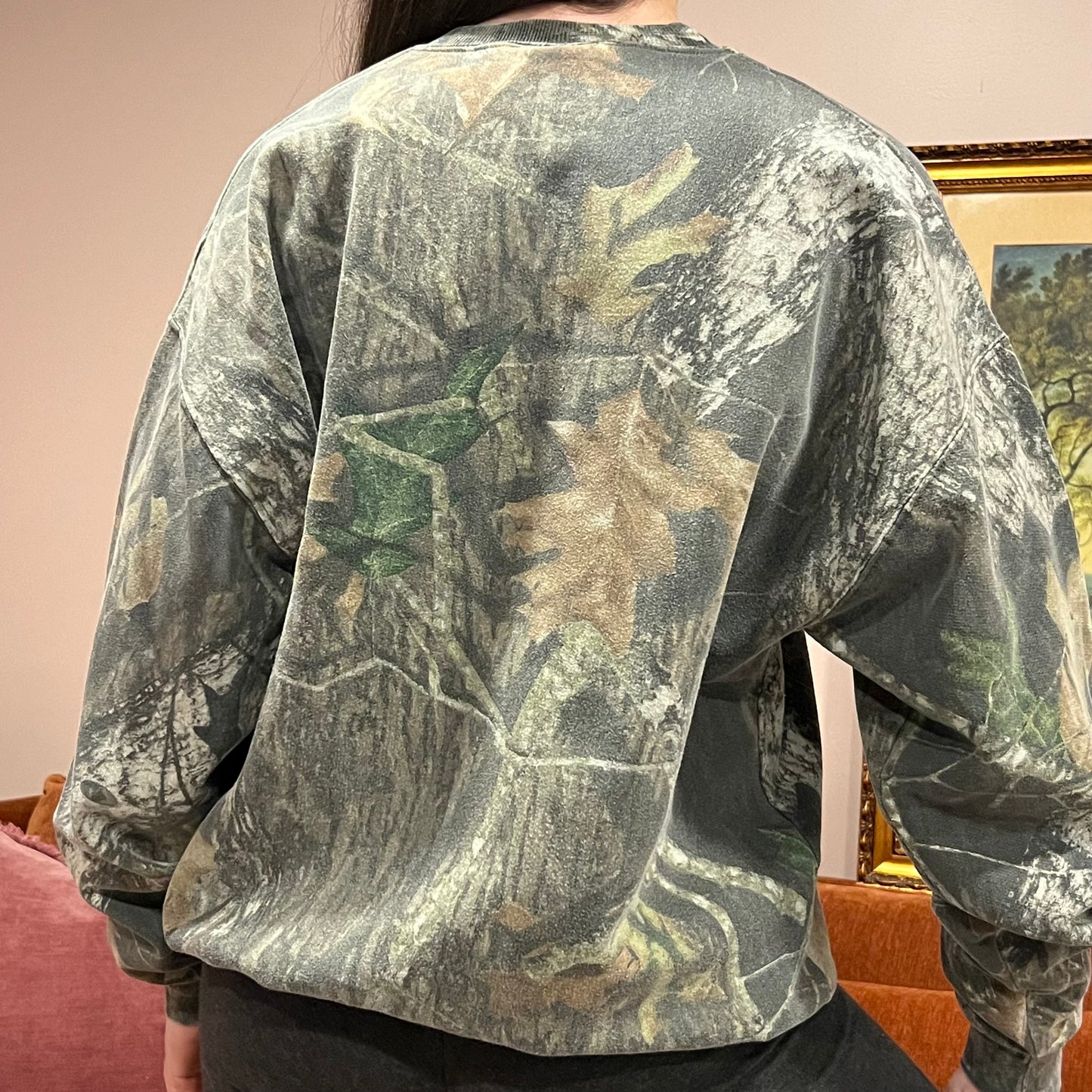 DIVORCE YOUR REPUBLICAN HUSBAND camo crewneck with orange text (XL)