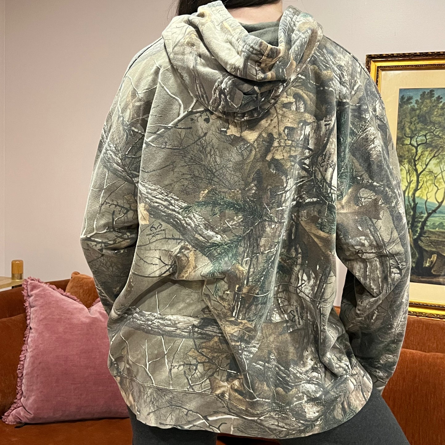 DIVORCE YOUR REPUBLICAN HUSBAND camo hoodie with orange text (XL)