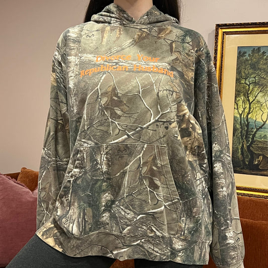 DIVORCE YOUR REPUBLICAN HUSBAND camo hoodie with orange text (XL)