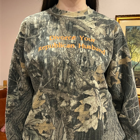 DIVORCE YOUR REPUBLICAN HUSBAND camo crewneck with orange text (L)