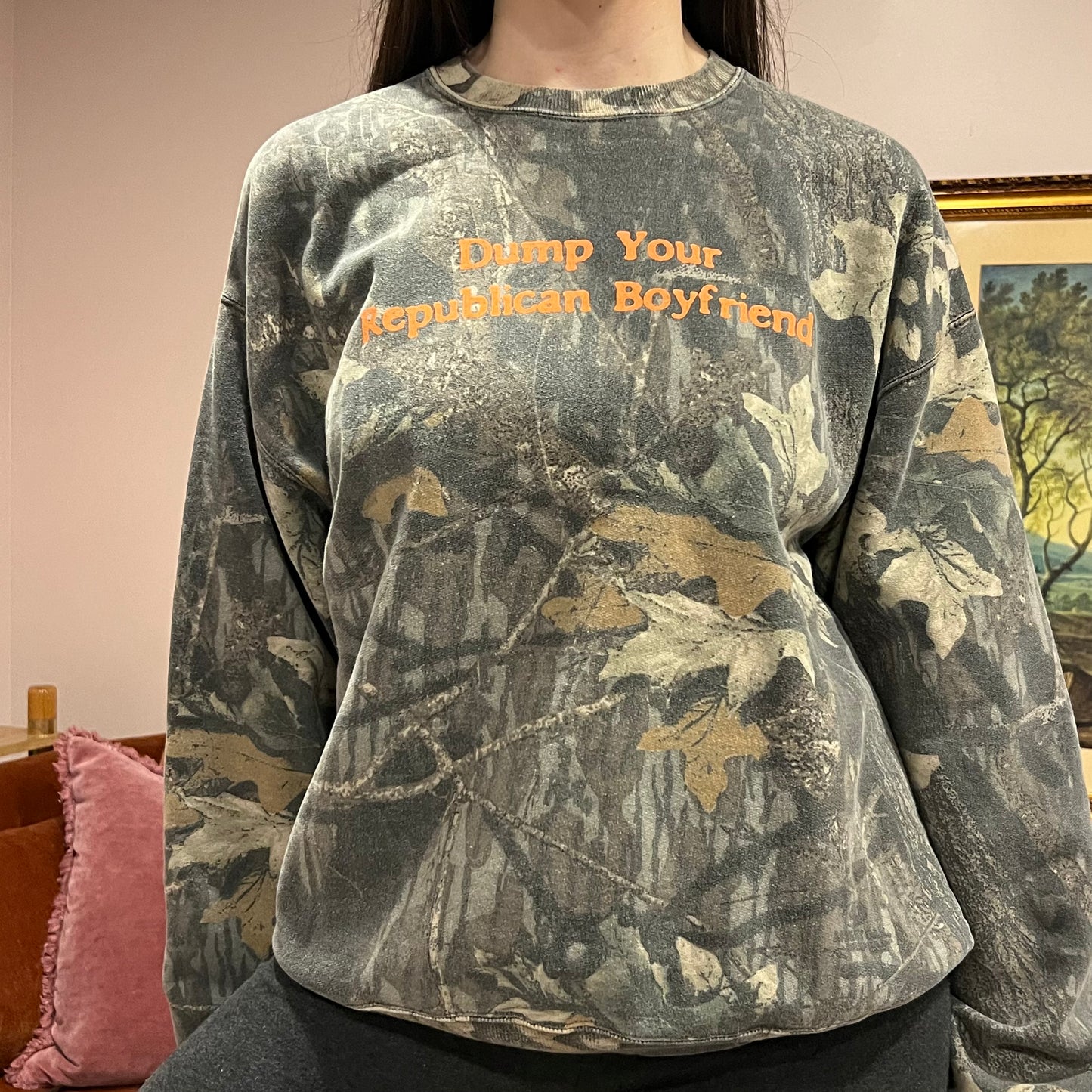DUMP YOUR REPUBLICAN BOYFRIEND camo crewneck with orange text (L)