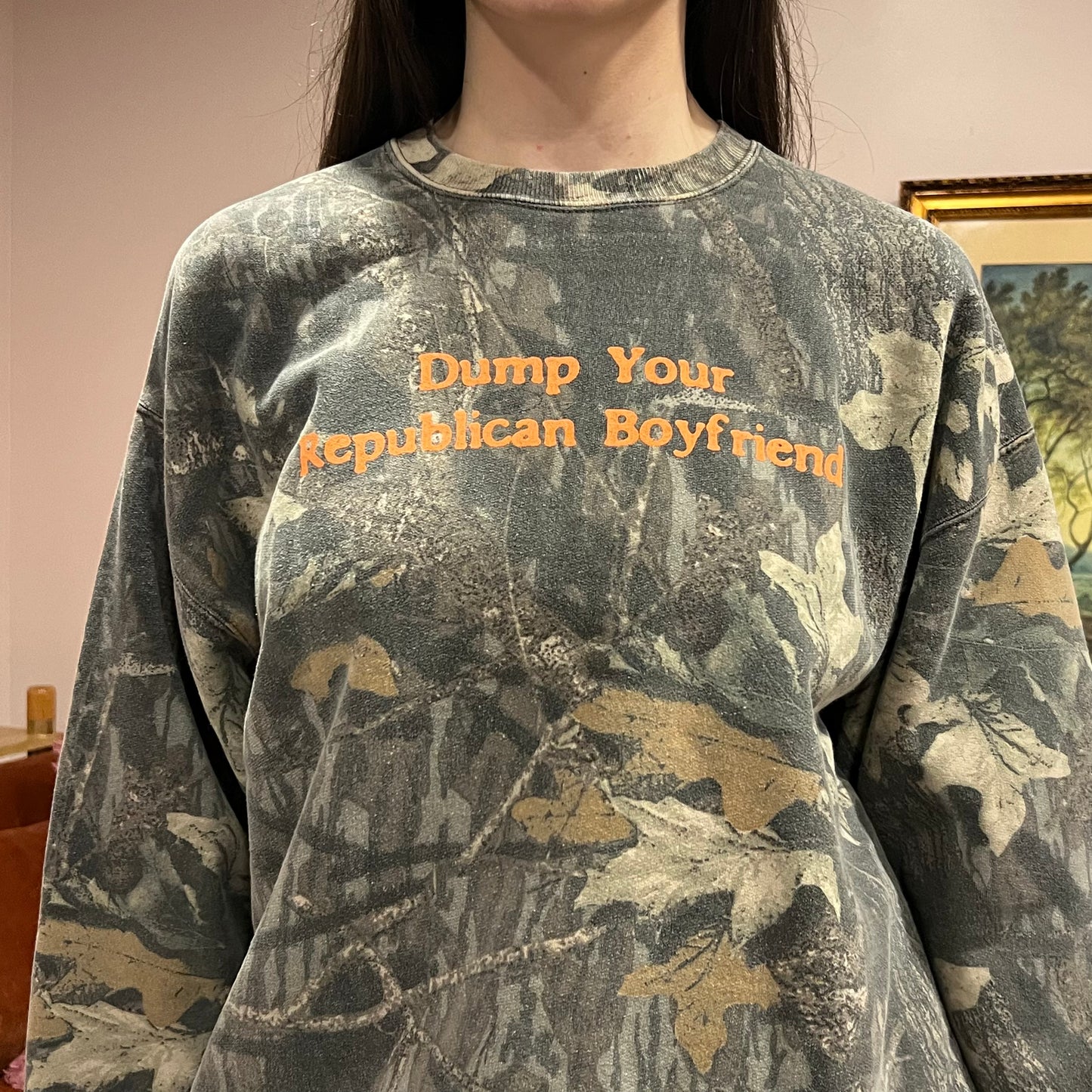 DUMP YOUR REPUBLICAN BOYFRIEND camo crewneck with orange text (L)