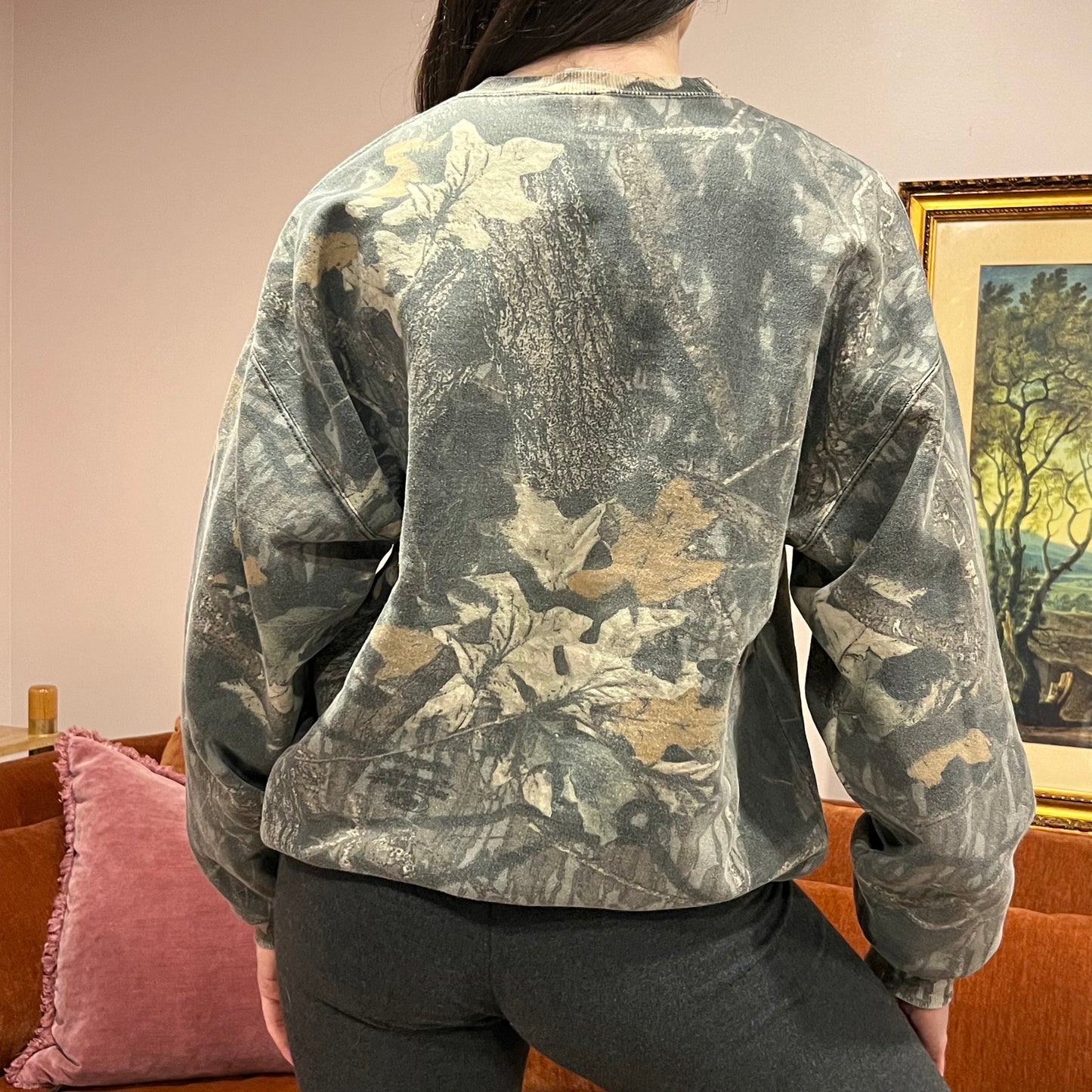 DUMP YOUR REPUBLICAN BOYFRIEND camo crewneck with orange text (L)