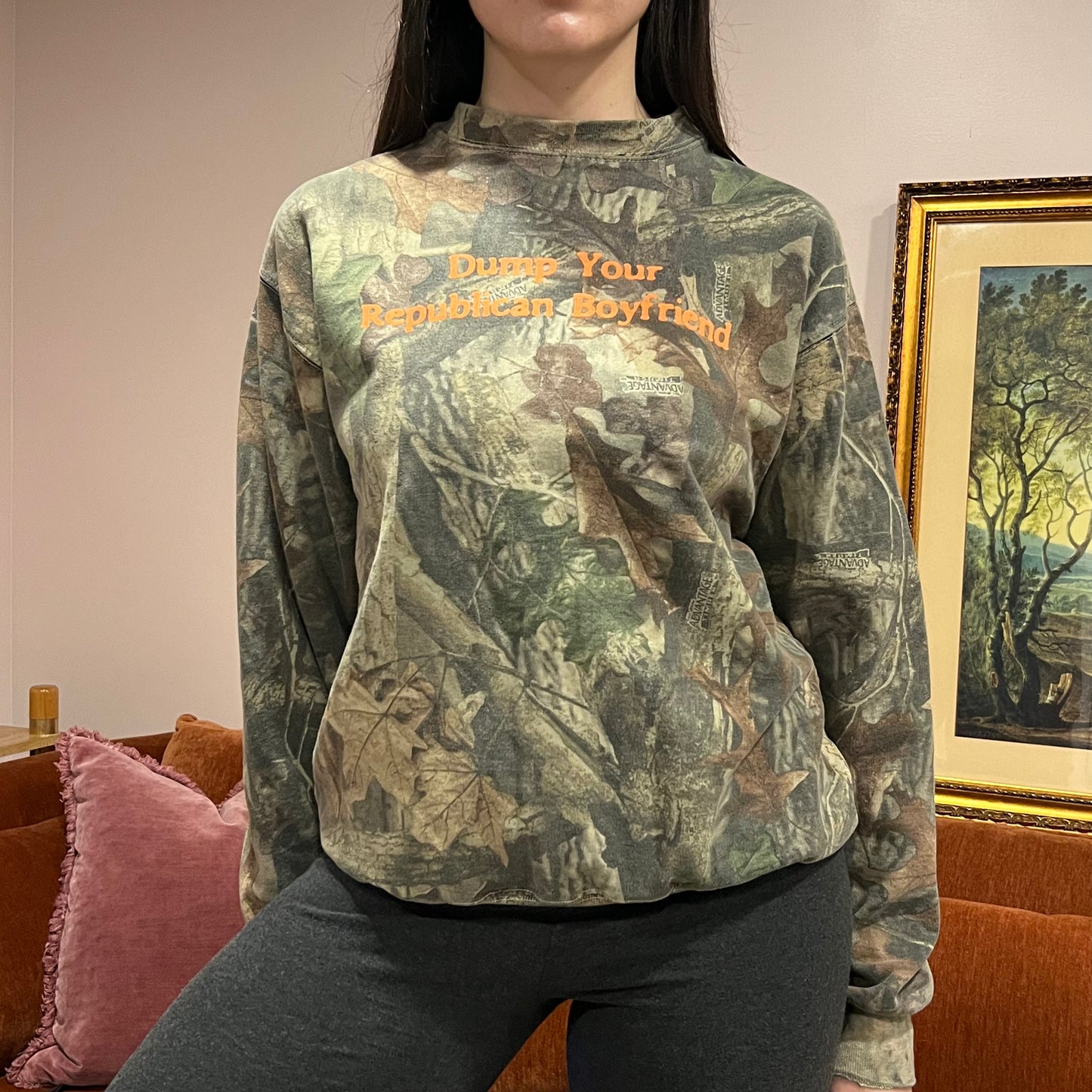 DUMP YOUR REPUBLICAN BOYFRIEND camo crewneck with orange text (L)