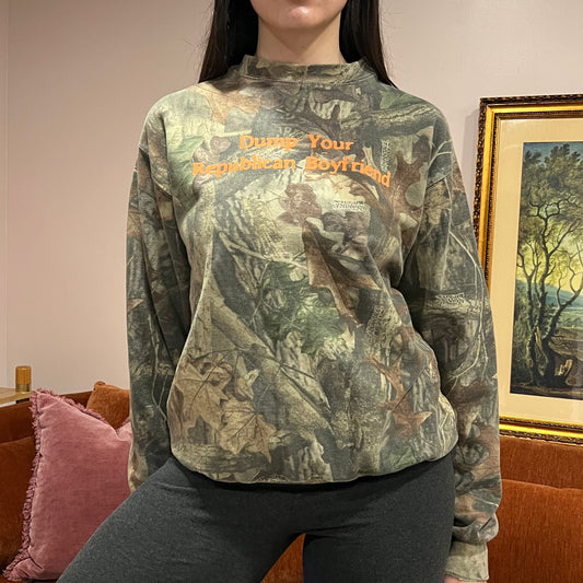 DUMP YOUR REPUBLICAN BOYFRIEND camo crewneck with orange text (L)