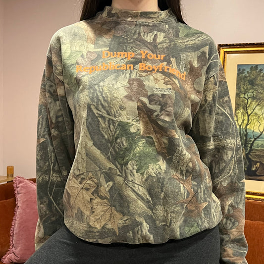 DUMP YOUR REPUBLICAN BOYFRIEND camo crewneck with orange text (L)