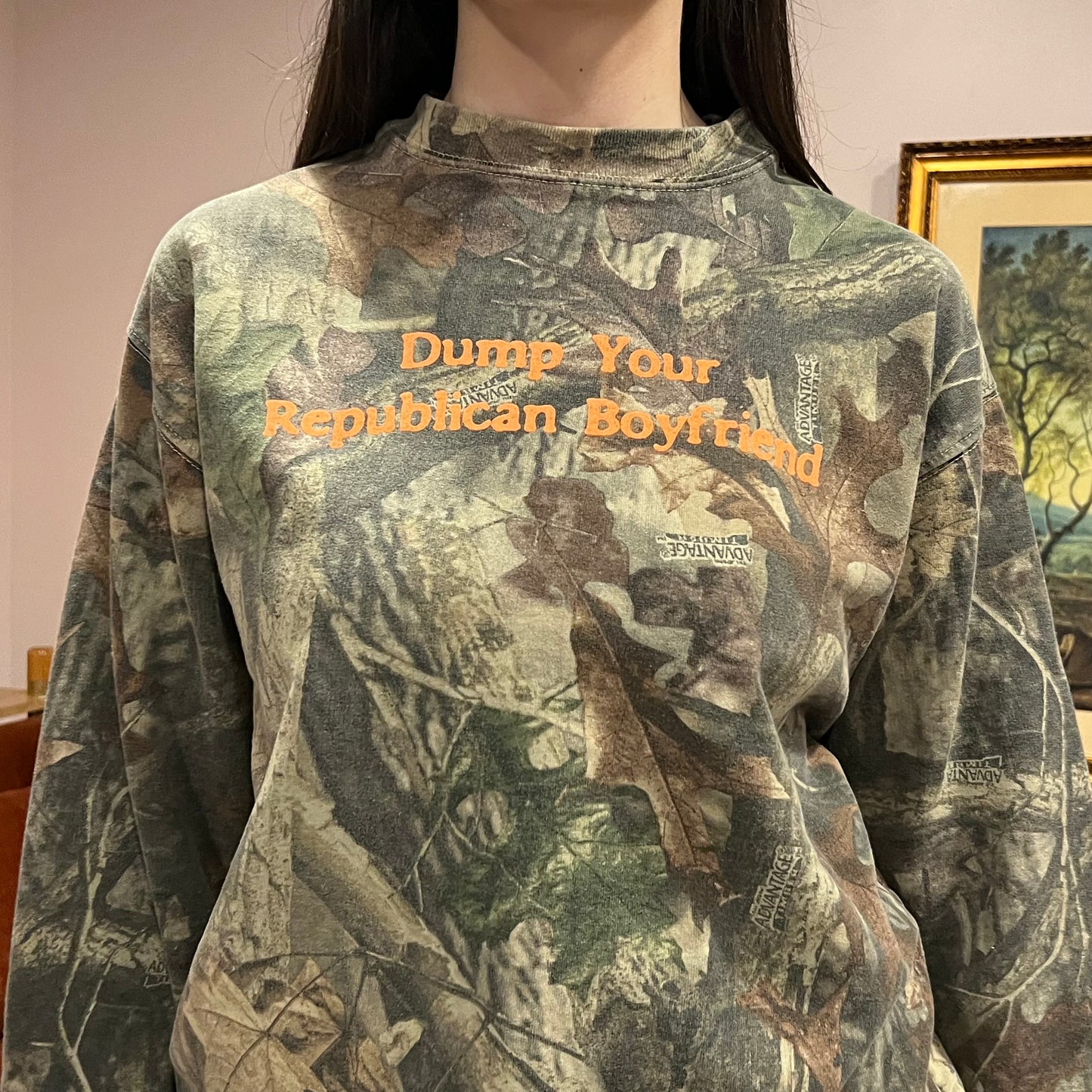 DUMP YOUR REPUBLICAN BOYFRIEND camo crewneck with orange text (L)