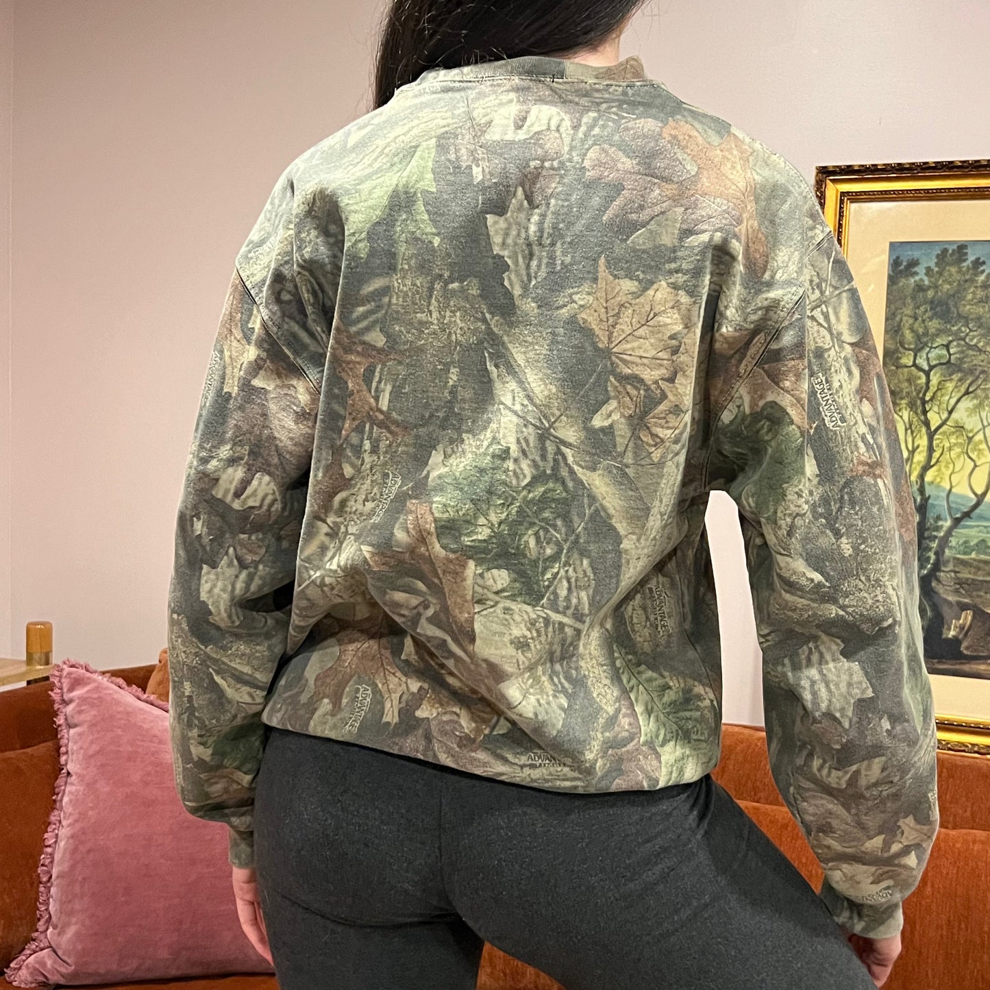 DUMP YOUR REPUBLICAN BOYFRIEND camo crewneck with orange text (L)