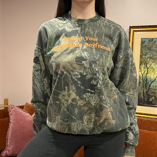 DUMP YOUR REPUBLICAN BOYFRIEND camo crewneck with orange text (L)